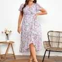EYWOL Plus Size Wedding Guest Dress for Women, Floral Chiffon Midi Wrap Dress, Flutter Sleeve High Waist Flowy Summer Dresses (Purple, M)