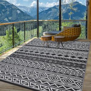 Outdoor Rug 8x10 Plastic Straw Rug Waterproof Reversible Mat Boho Vintage Large Outside Carpet Lightweight Easy Clean Patio Rugs for Outdoors, Backyard, Picnic, Patio, Deck, Black/White