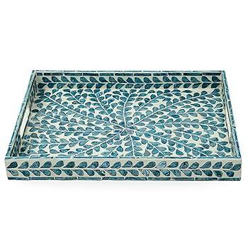 CLAYNIX Serving Tray 15.7" X11.8", Lacquer Mother of Pearl Inlay Mosaic Tray, Rectangle Wooden Marble Tray with Handles Trays for Tea, Breakfast in Bed, Table (Blue)