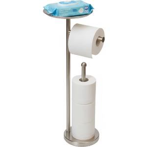 Freestanding Toilet Paper Holder with Shelf, Toilet Paper Stand with Storage for Holding Extra 4 Toilet Paper Rolls (Brushed Nickel)