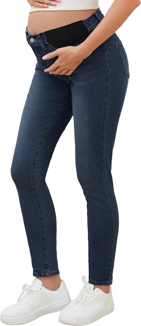 AMPOSH Women's Maternity Skinny Jeans Mid-Rise Stretchy Denim Pants for Pregnancy and Postpartum (L)