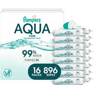 Pampers Aqua Pure Baby Wipes, 99% Water, Fragrance Free, 896 Baby Wipes Total (16X Flip-Top Packs)