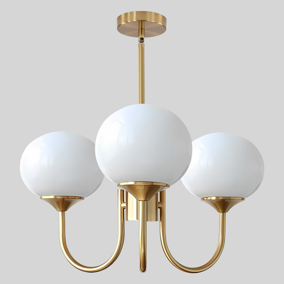 3 Light Vintage Gold Chandelier Milk Glass Globe Chandeliers Brass Sputnik Ceiling Light Fixture Mid Century Modern Pendant Light Dining Room Kitchen