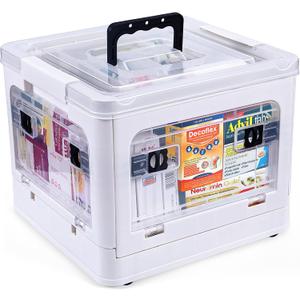 18QT Medicine Storage Box with Handles, Large Capacity First Aid Box, Clear Medical Supply Organizer with Removable Tray, Multipurpose Plastic Medicine Chest with Wheels