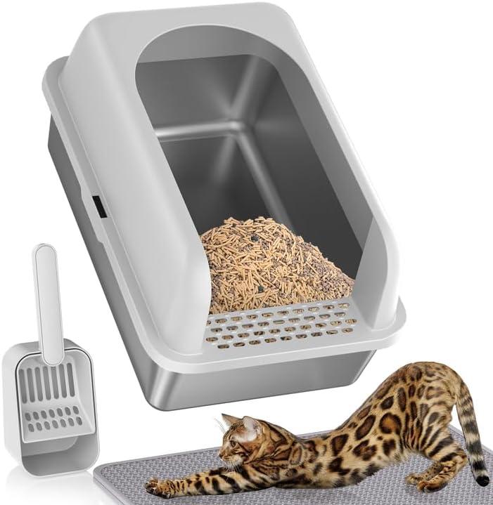 Stainless Steel Litter Box with Lid, Metal Litter Box with Cat Litter Mat,Extra Large Enclosed Cat Litter Boxes for Multiple Cats, Anti-Leakage,Non-Stick, Easy to Clean, Included Mat, Scoop (1 Pack-L)