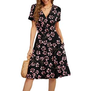 WEACZZY Women's Summer Short Sleeve Casual Dresses V-Neck Floral Party Dress with Pockets (L)