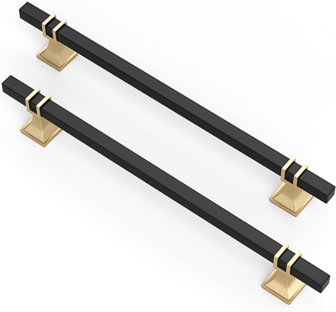 10 Pack 8 Inch Black and Gold Cabinet Pulls Kitchen Cabinet Handles, Black and Gold Cabinet Handles Square Dresser Drawer Pulls Kitchen Cabinet Hardware (8 inch (204mm) hole center, Black & Matte Gold)