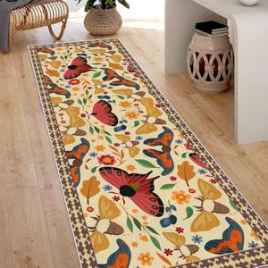 Boho Butterfly Flower Runner Rug 2x3ft,Floral Butterfly Bathroom Washable Rugs,Bohemian Insect Indoor Carpet,Non Slip Kitchen Mats for Floor,Low Pile Carpet Runners for Entrance Bedrooms Laundry Room