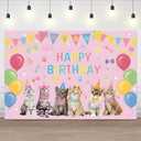 5x3ft Pet Birthday Backdrop Cat Happy Birthday Photography Background Pink Flags Colorful Balloon Cute Kitten Bowknot Pets Birthdays Party Photo Booth Props