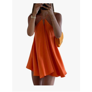 SOLY HUX Women's Halter Neck Sleeveless Bow Tie Backless Flowy Mini Dress Beach Vacation Clothes (Medium, Solid Orange)