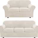 H.VERSAILTEX 4 Pieces Velvet Plush Sofa Slipcover Bundle 3 Pieces Velvet Plush Loveseat Cover, Ivory