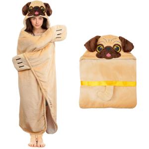 Tian Zhun Pug Gifts for Women Pugs Lovers Pug Wearable Blanket Fluffy Super Soft Flannel Adult Animal Hooded Blanket for Women Mothers Day Christmas Birthday, One size