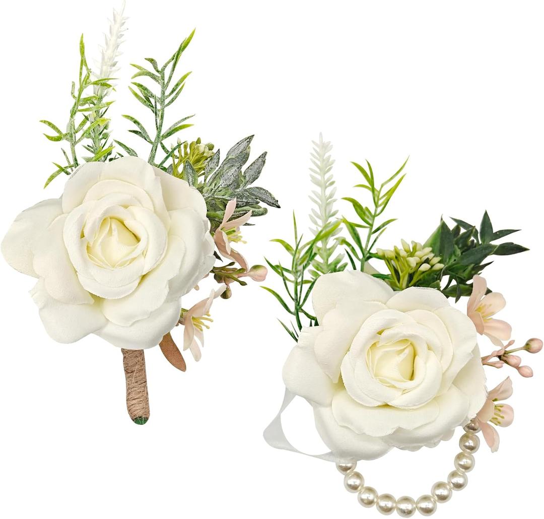 Ivory Boutonniere and Wrist Corsage Set 2PCS Artificial Flower with Pearl Wristlet Band for Prom Wedding Groom and Bride