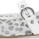 Dsevht Mesh Ballet Flats for Women Round Toe Mary Jane Buckle Strap Comfy Casual Office Fishnet Ballerina Flat Dress Shoes White Leopard US 9