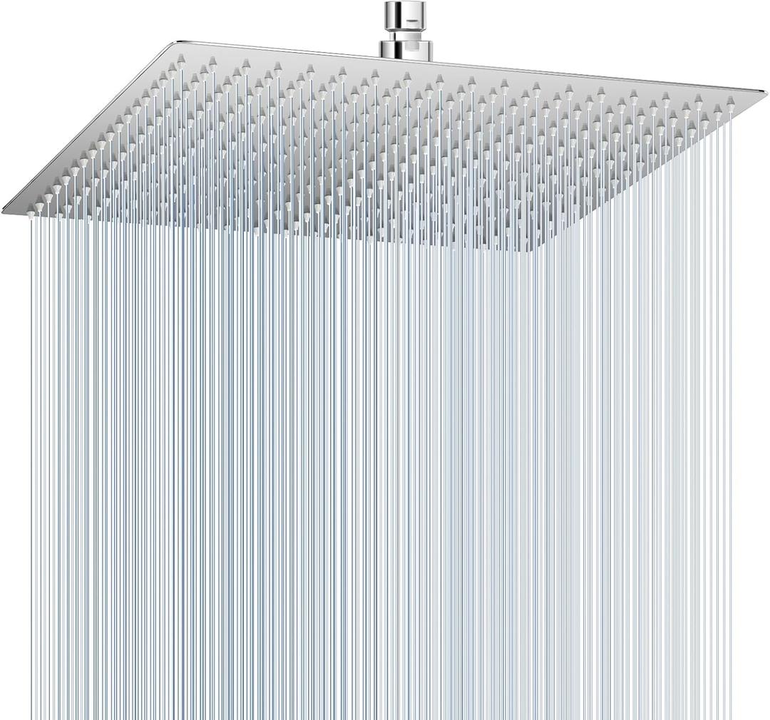 16 inch Large Rain Shower Head Ceiling Mounted - All Metal 304 Stainless Steel, Full Body Rainfall Shower with 324 Silicone Nozzles - Waterfall Bathroom Square Showerheads, Chrome Polished