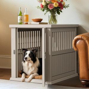 YITAHOME Plastic Dog Crate, Furniture-Style Nightstand & Side Table, Waterproof Indoor Kennel for Small to Medium Dogs, Brown