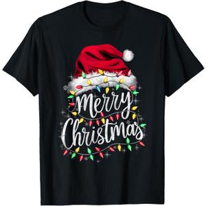 Merry Christmas Lights Red Santa Hat Xmas Family Men Women T-Shirt