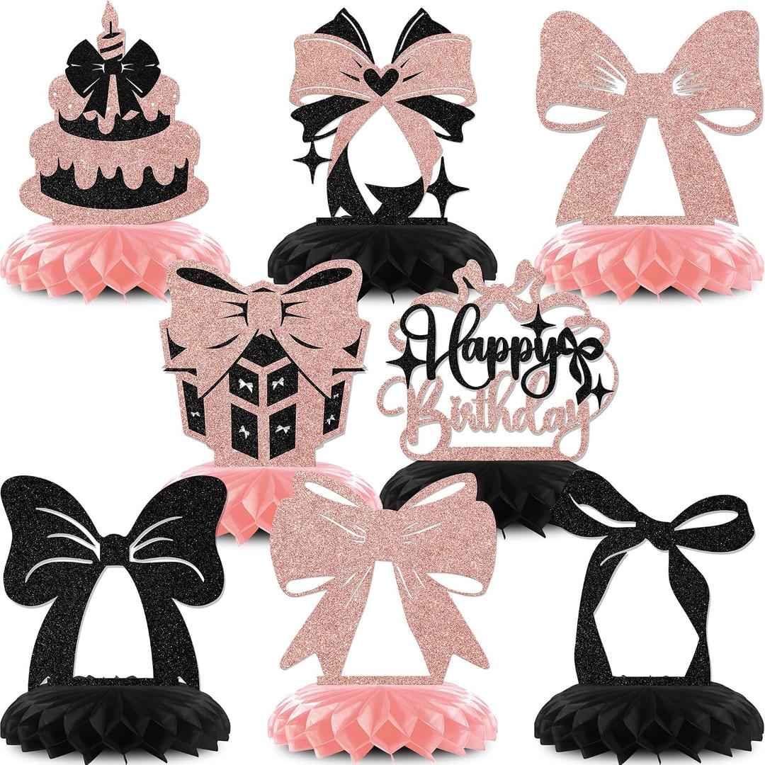 8PCS Pink and Black Birthday Decorations Bow Birthday Honeycomb Centerpieces Coquette Themed Birthday Wedding Anniversary Party Decor Sign