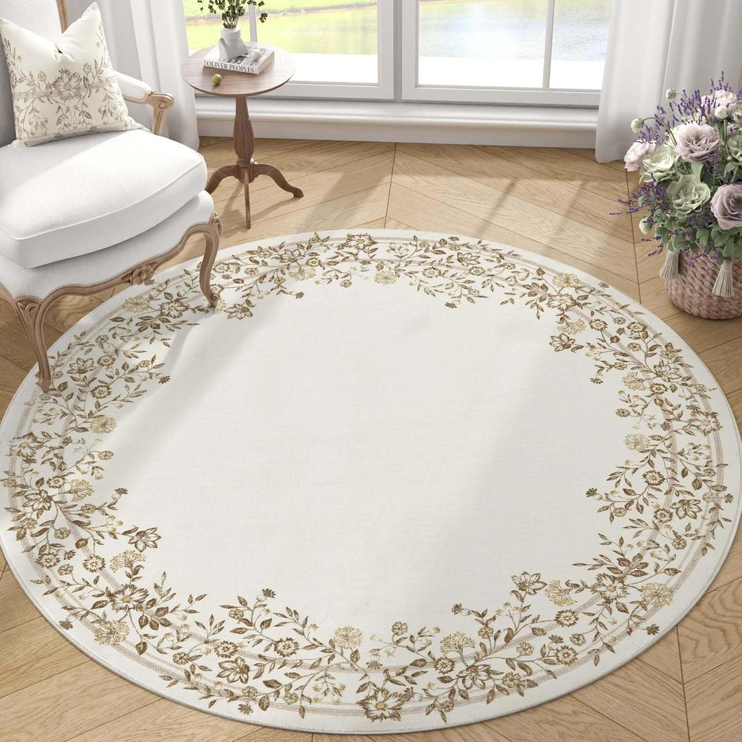 jinchan Round Rug 5ft Area Rug Indoor Vintage Circle Rug 5' Round Washable Thin Rug Floral Elegant Luxury Garland Print Non Slip Carpet for Living Room Dining Room Bedroom Entryway Decor Ivory Taupe