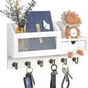 FifthQuarter Key and Mail Holder for Wall, Mail Organizer Wall Mount with 6 Hooks and Storage Drawer, Easy Installation Key Rack for Entryway and Home Decor (B-White)