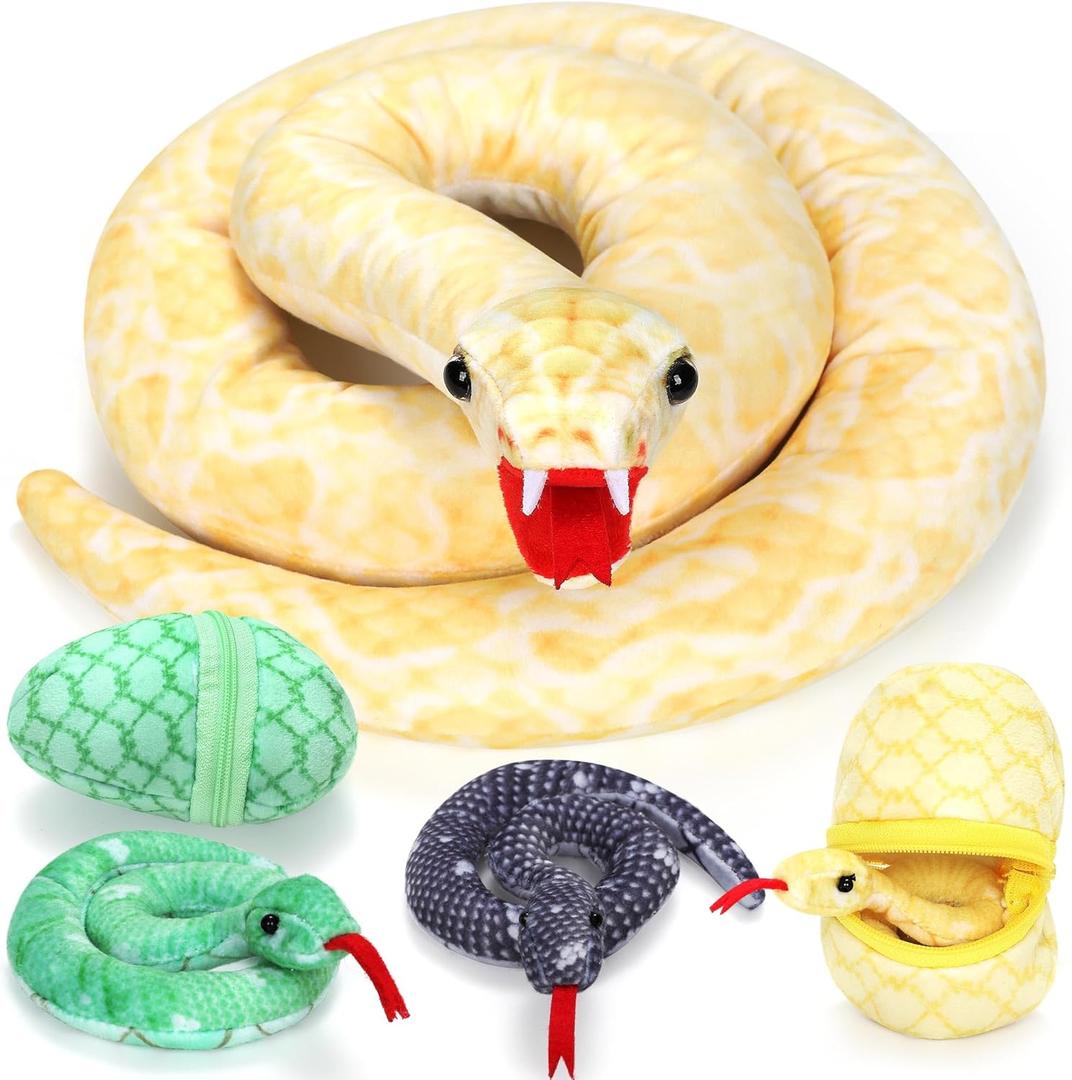 55 Inch Giant Snake Plush Mommy with 3 Babies, Easter Filler Gifts Mommy Snake with 3 Cute Babies & 3 Eggs Golden Snake Easter Stuffed Animal for Boys Girls