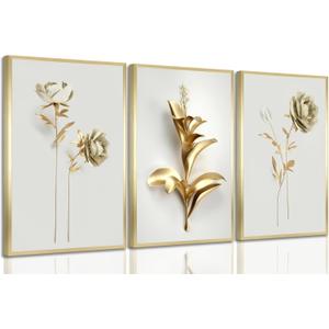 3Pcs Abstract Golden Flower Canvas Wall Art Modern Luxury Minimalism Nordic Floral Plant Painting Picture Wall Decor Poster Print Artwork for Living Room Bedroom Home Decoration Unframed (16x24in)