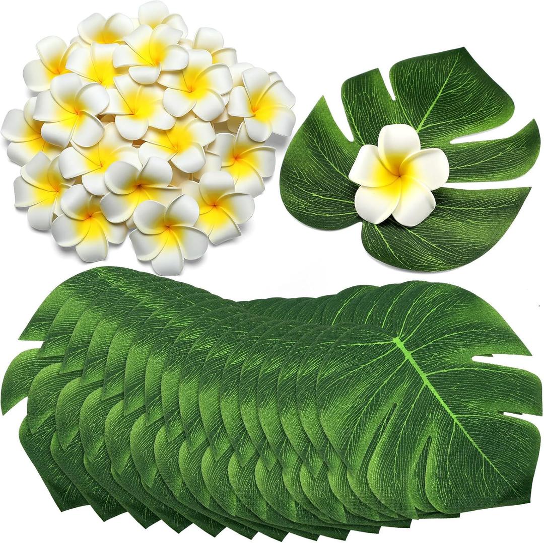 Thiccywoov 60 Pcs Tropical Party Decor Supplies 30 Pcs 8" Fak Monstera Leaves 30 Pcs 2.75" Artificial Plumeria Flower and Glue for Hawaiian Luau Jungle Beach Theme Table Wedding Party (White)