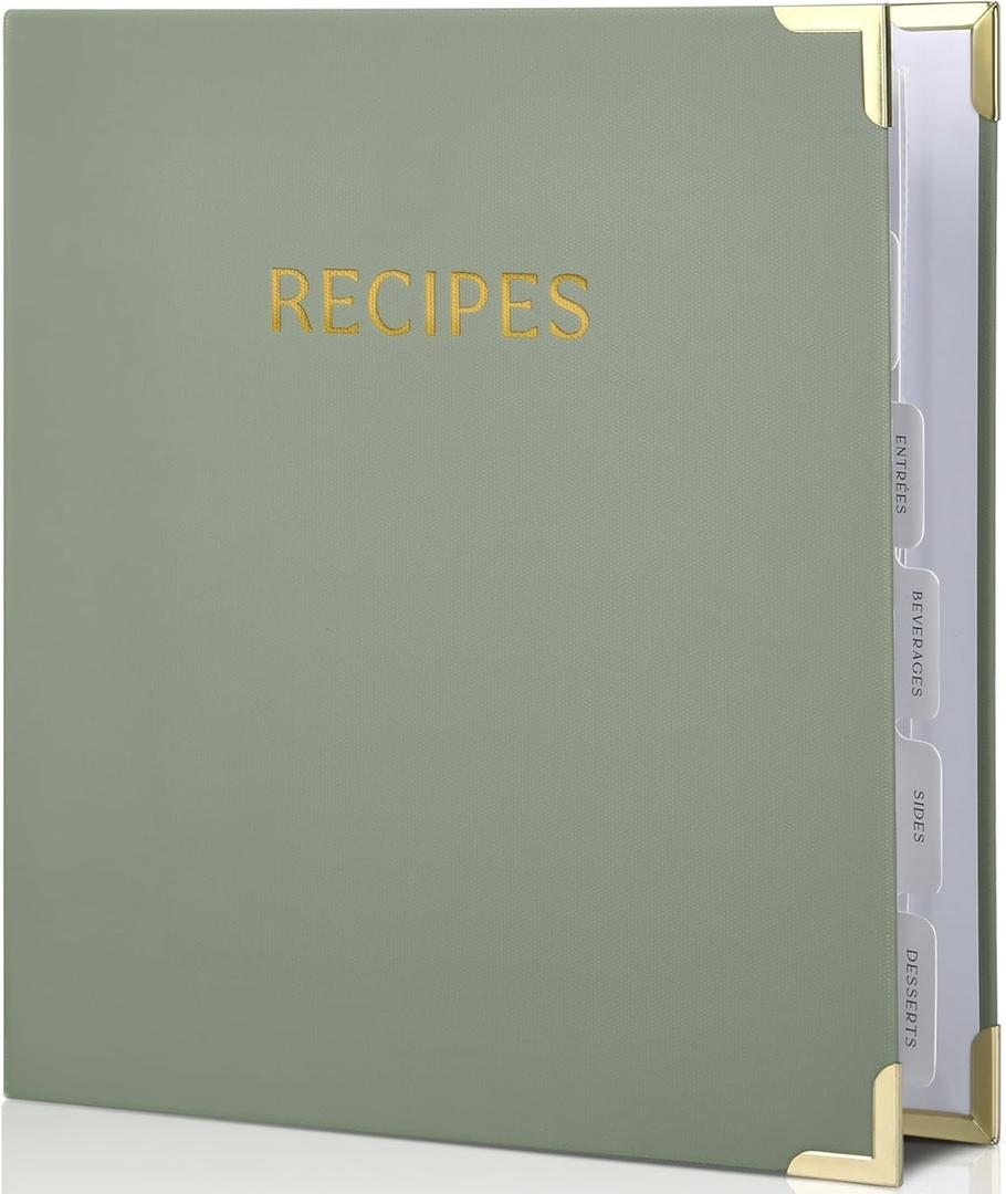 Aesthetic Recipe Binder with Polyester Waterproof cloth Cover - The Perfect Recipe Book with Plastic Sleeves to Write in Your Own Recipes - Quality Blank Cookbook Binder, Cards incl. (Medium - 9.5x8.5", Sage Green)