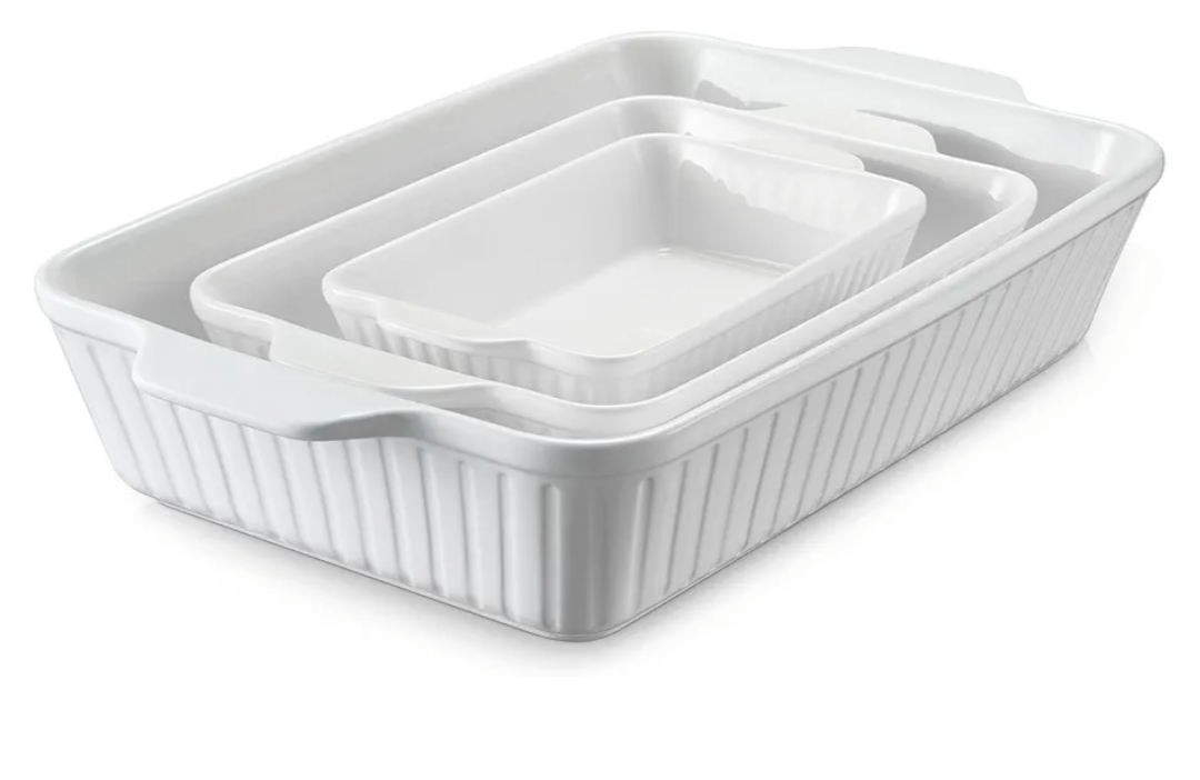 DOWAN Casserole Dishes for Oven, Baking Dishes Set, Ceramic Bakeware Sets of 3, Lasagna Pan Deep, Rectangular Baking Pan Set with Handles for Baking, Casserole, Kitchen, Wedding Gift, Soft White (15.6''/12.2''/8.9'