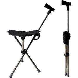 Cane with Seat - Portable Stool Chair, Supports Up to 220 Lbs cameping Chairs, Lightweight Up to 1.8 Lbs, Suitable for Men, Women, Seniors, People with Disabilities (Adjustable-Black Model A)