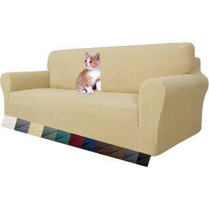 MAXIJIN Super Stretch Couch Cover for 3 Cushion Couch, 1-Piece Universal Sofa Covers Living Room Jacquard Spandex Furniture Protector Dogs Pet Friendly Fitted (Large, Beige)