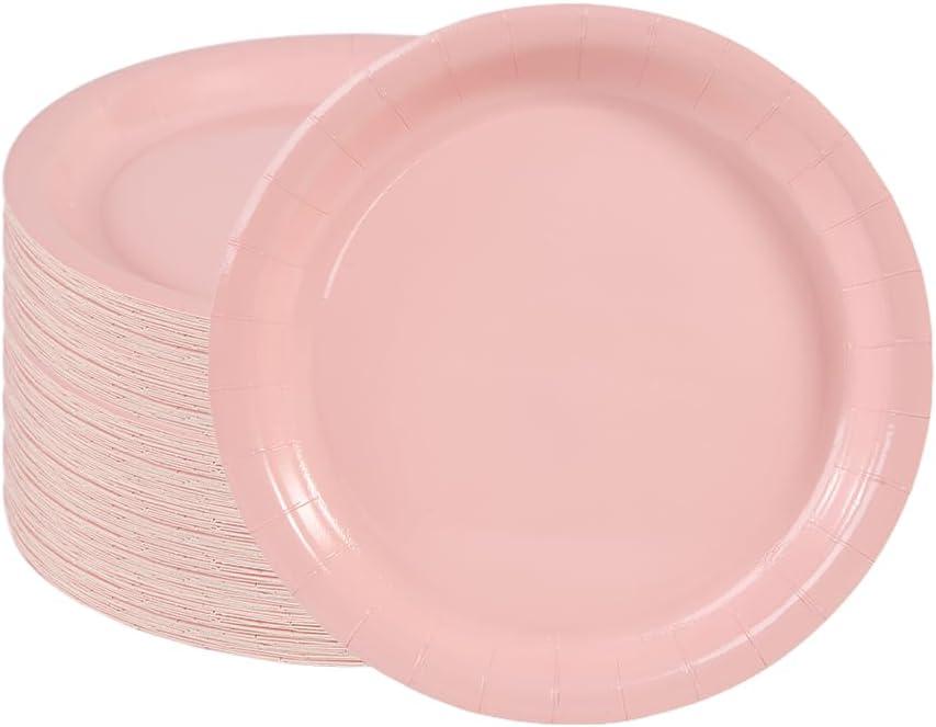 Ottin Solid Light Pink Paper Dessert Plates 7'' Disposable Appetize Cake Plates 50 Count for Birthday Wedding Party Snacks Dessert Cake Daily Use