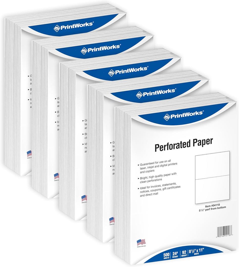 PrintWorks Professional Half Sheet Perforated Paper 8.5 x 11 - Perfect For W-2, 1099, & Statement Use - Made in the USA - 2500 Sheets - 20 lb - A5 Paper - Printer Compatible - White (04116C)