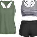 Yonique 3 Piece Athletic Tankini Swimsuits for Women with Shorts Swim Tank Tops with Sports Bra and Boyshorts Bathing Suits (X-Large, Green and Stripe)