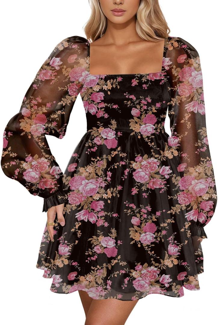Womens Floral Mini Dress Long Sleeve Square Neck Babydoll Casual A-Line Flowy Short Dress, Size L