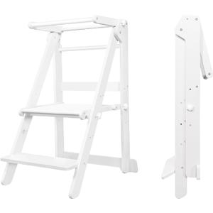 Foldable Toddler Learning Standing Tower, WOOD CITY Montessori Kitchen Step Stool Helper with 3 Adjustable Heights Learning Kitchen Tower (White)