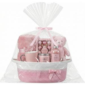 Colingmill Mother's Day Woven Gift Basket Empty for Women with Handles Ribbons Bow Tie Bag, Decorative Woven Gift Basket for Mom, Rope Storage Box Home Decor(14 x 10 x 5.5 Inch,Pink White)