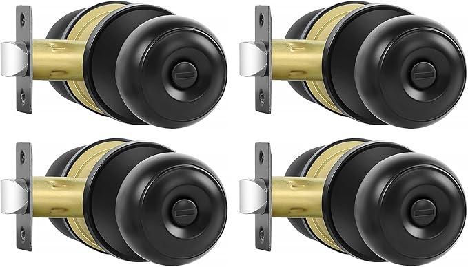 Privacy Door Knobs, 4 Pack Matte Black Door Knobs with Lock, Bed and Bath Door Knob Interior Keyless Locksets, Round Door Handles Reversible for Left Right Handed Doors