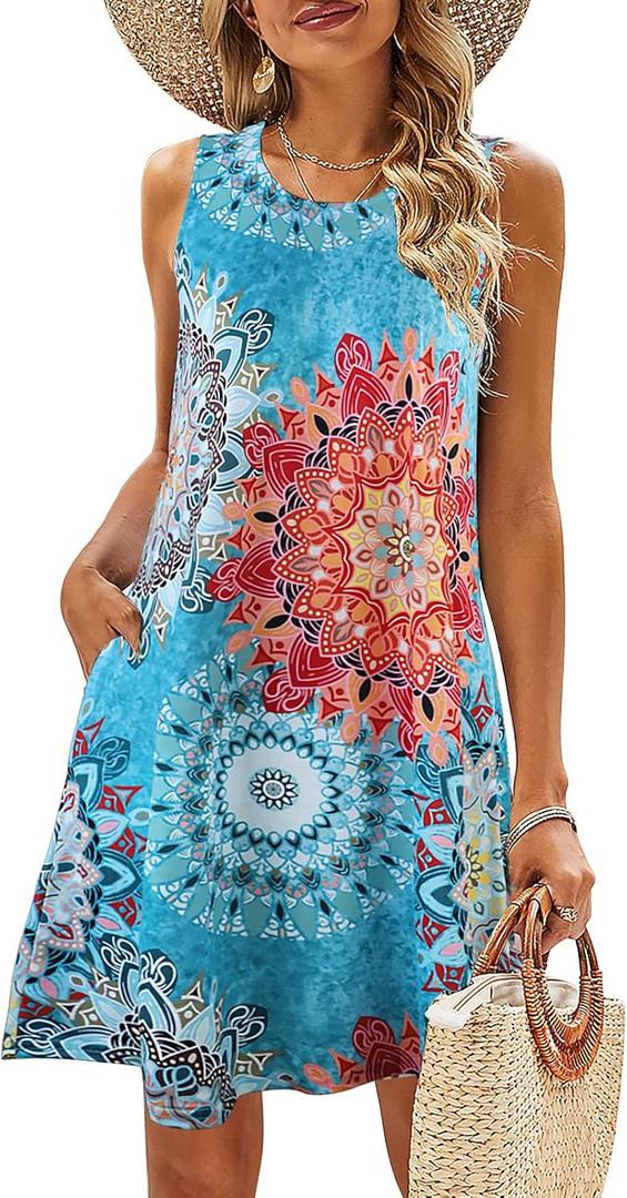 SimpleFun Summer Dresses for Women Beach Floral Tshirt Sundress Casual Pockets Boho Tank Dress (XL)