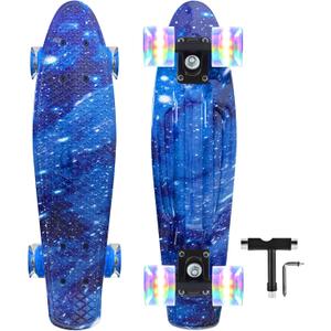 Nattork Skateboards 22 Inch Mini Cruiser Skateboard Complete Retro Skate Boards with Colorful Light Up Wheels for Kids Girls Boys Beginners, Dark Blue