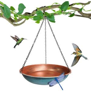 Hanging Bird Bath for Outdoors,11Inch Double Patchwork Birdbath Bowl Window Birds Feeder with 13.5 in Rust-Proof Black Chains Metal Hanging Birds Feeder for Garden Backyard Decor Copper Blue
