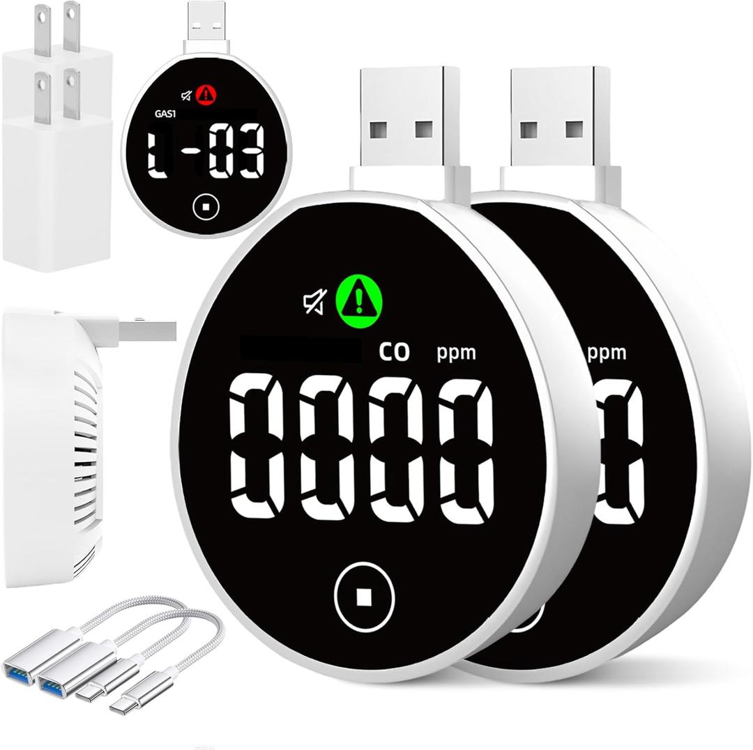 USB 2-in-1 Gas & Carbon Monoxide Detectors with Touch Screen, Plug-in/USB-A/USB-C Powered CO & Gas Detector Alarm, CO, Natural Gas, Propane, Methane, Explosive Gas Alarm (2-Pack)