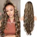 FLUFYMOOZ Ponytail Extension, 26 Inch Drawstring Ponytail Hair Extensions for Women Long Curly Wavy Ponytail Natural Wavy Synthetic Hairpiece for Women (26 Inch Medium Brown Ash Blonde)