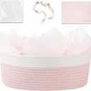OIAHOMY Gift Basket Empty with Handle, 13.4"x 10"x 5.5" Small Woven Basket with Gift Bag, Ribbon and Wrap Tissue Paper, Dog Toy Storage for Organizing - Pink & White