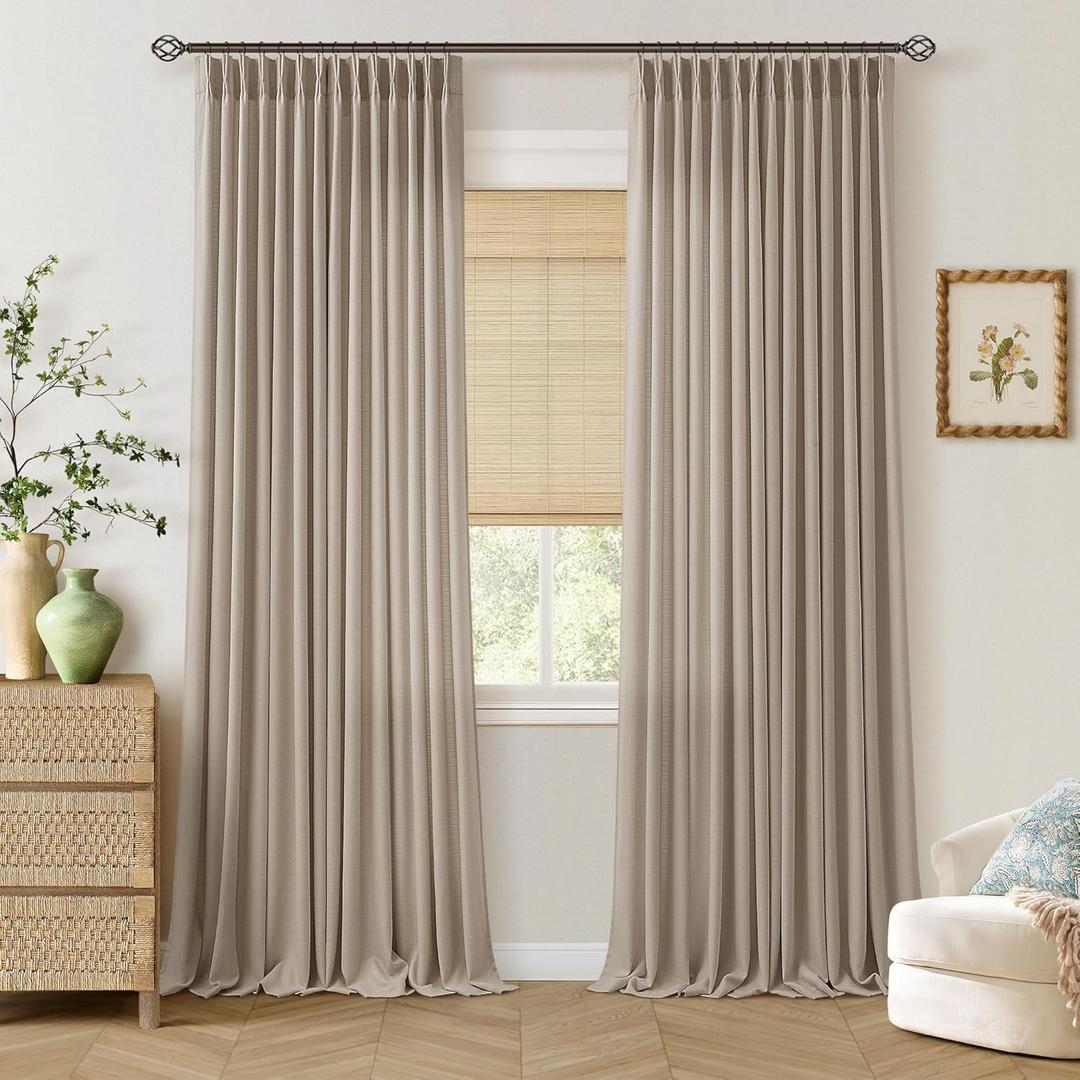 Burlywood Linen Pinch Pleated Curtains 90 Inch Length 2 Panels for Living Room Pinch Pleat Curtains Back Tab Light Filtering Tan Taupe Semi Sheer Neutral Drape for Bedroom Dining Room Window 40x90