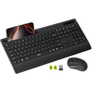 seenda Bluetooth Keyboard and Mouse, Multi-Device Ergonomic Keyboard Mouse with Wrist Rest, Phone Holder, Full Size Wireless Quiet Combo Compatible for Windows, Laptop, MacBook Pro/Air, iPad - Black