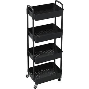 Sywhitta 4-Tier Plastic Rolling Utility Cart with Handle, Multi-Functional Storage Trolley for Office, Living Room, Kitchen, Movable Storage Organizer with Wheels, Black