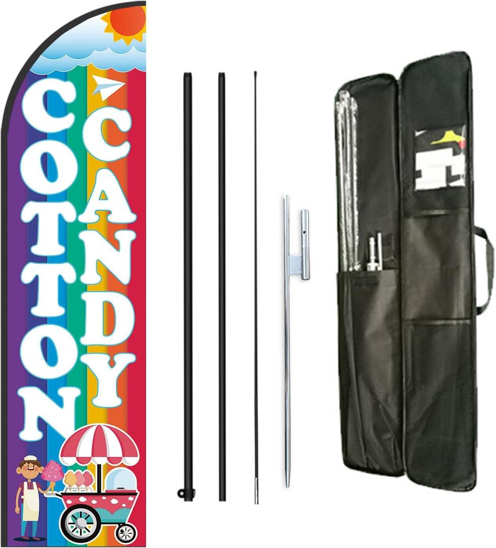Cotton Candy Sign Swooper Feather Flag Pole Kit,Include 12 ft Flagpole and 8 ft Banner,Heavy Duty Ground Mount Stake and Portable Travel Bag