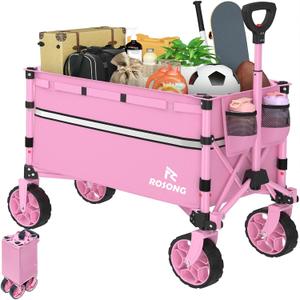 ROSONG Collapsible Wagon Cart with Wheels Foldable - Folding Utility Heavy Duty Wagons Carts for Grocery Sports Garden Shopping Camping Wheelbarrows (Pink, 120L)