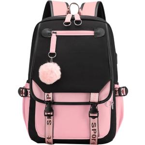 JiaYou Teenage Girls' Backpack Middle School Students Bookbag Outdoor Daypack with USB Charge Port (21 Liters, Black Pink)
